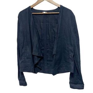 Garnet‎ Hill Blazer Womens 10 Black 100% Linen Open Front Unlined Long Sleeve